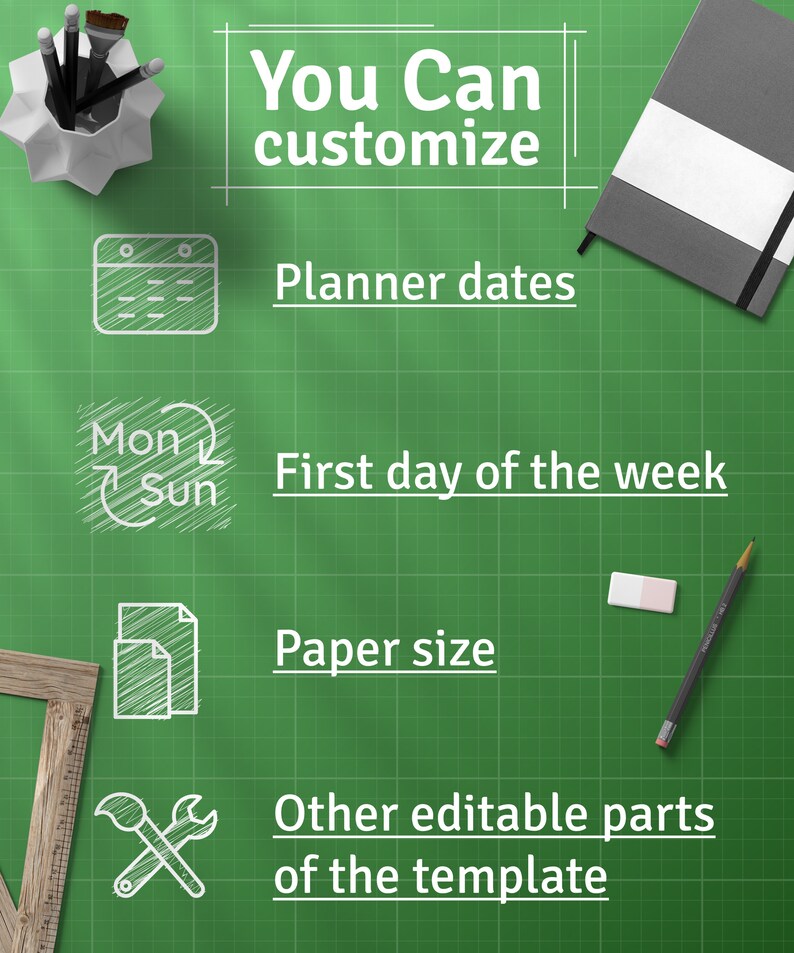 May include: A green grid background with white text that says "You Can customize" and lists the following: "Planner dates", "First day of the week", "Paper size", and "Other editable parts of the template".  There are icons next to each item, including a calendar, a circular arrow, a stack of paper, and a wrench and paintbrush.