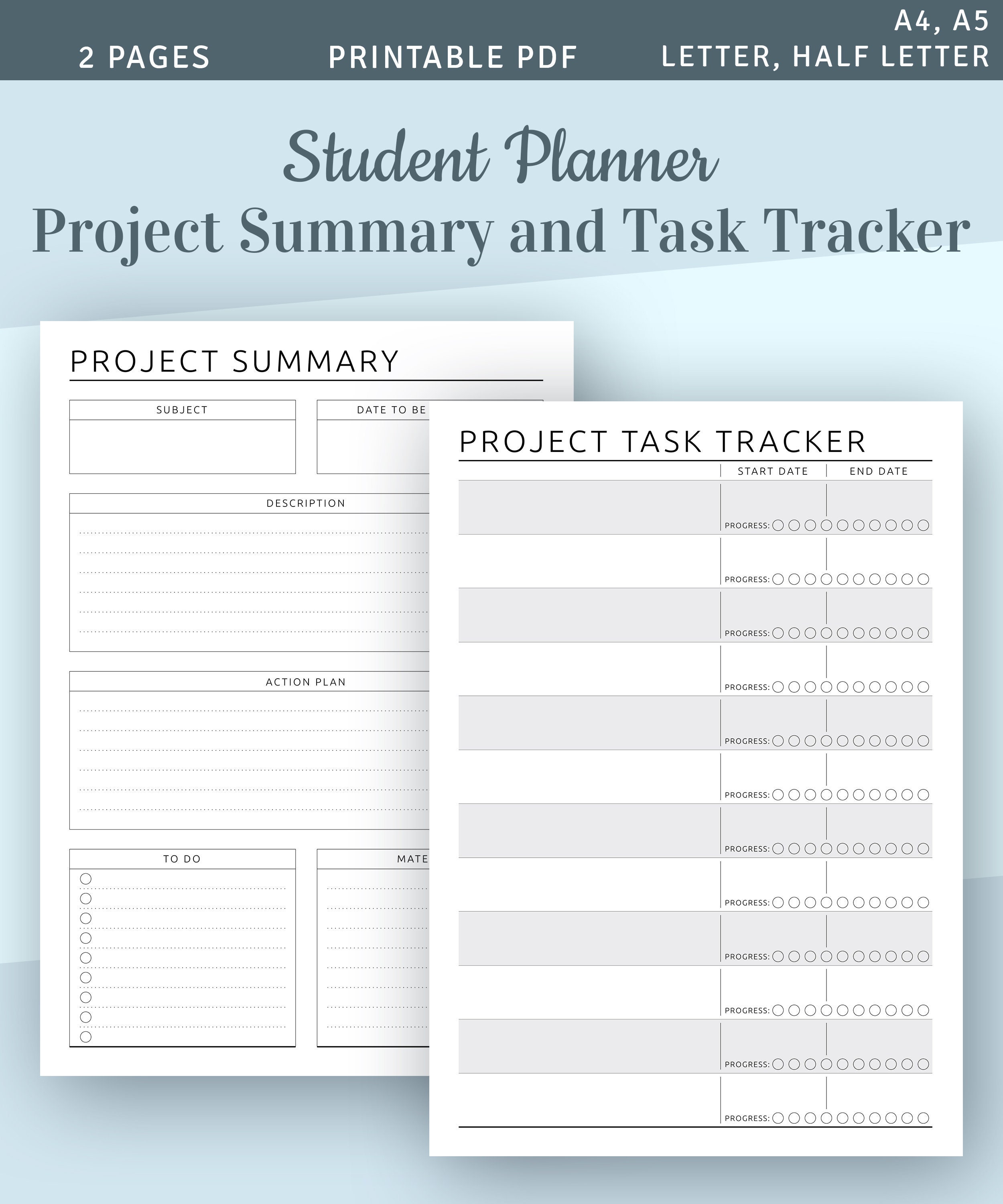 Student Project Planner Printable Template, School Project Tracker