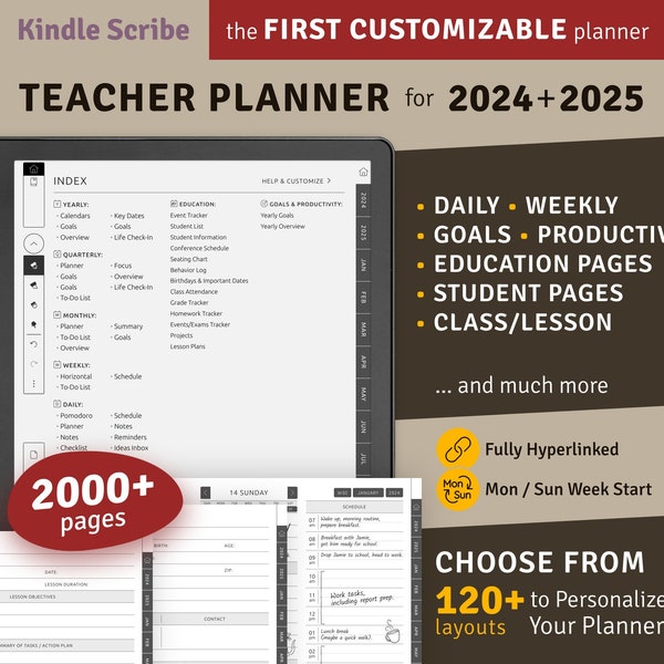2024 + 2025 Kindle Scribe Teacher Planner, paquete de planificador digital hipervinculado, plantilla PDF de descarga digital para tabletas Kindle Scribe