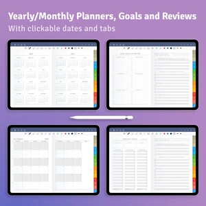 May include: Four digital tablets displaying yearly and monthly planners, goal-setting pages, and reviews. The text at the top reads "Yearly/Monthly Planners, Goals and Reviews With clickable dates and tabs." A white stylus is placed in the center.