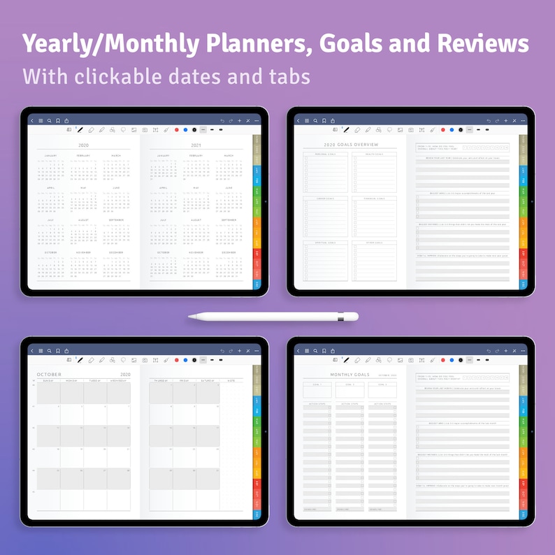 May include: Four digital tablets displaying yearly and monthly planners, goal-setting pages, and reviews. The text at the top reads "Yearly/Monthly Planners, Goals and Reviews With clickable dates and tabs." A white stylus is placed in the center.