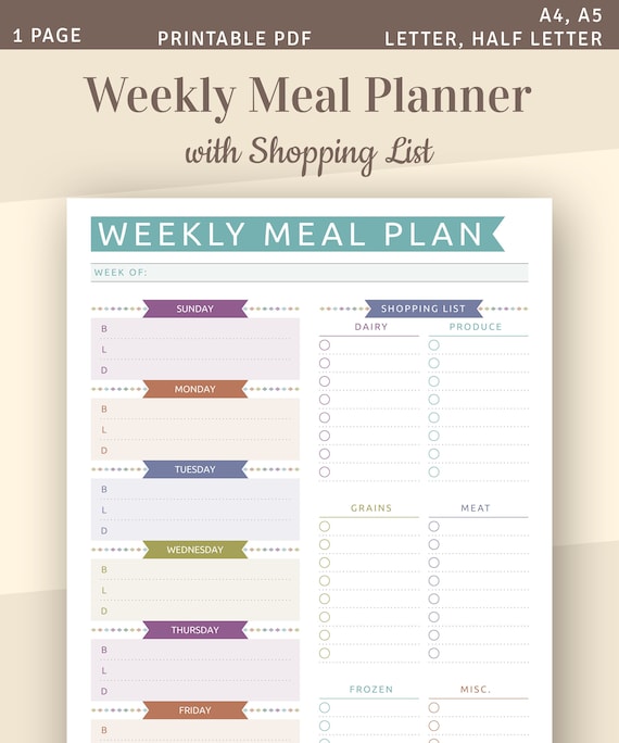 Meal Planner Printable, Weekly Menu Planner With Grocery