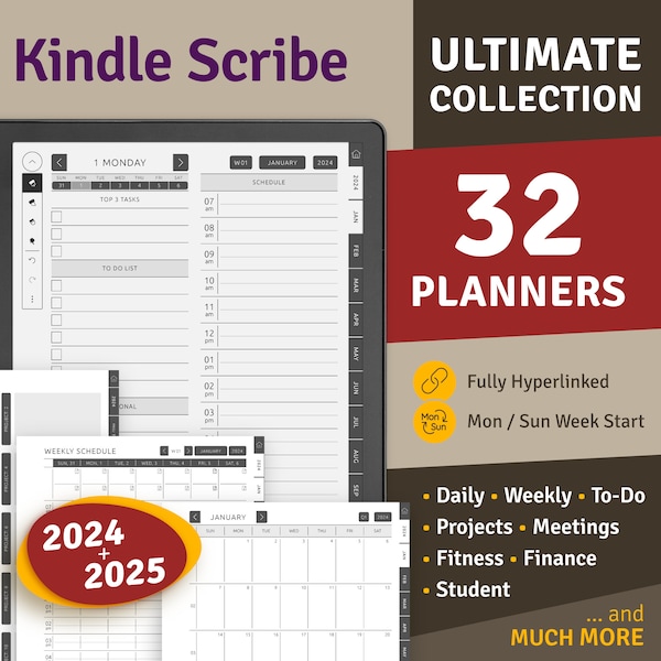 Kindle Scribe Digital Planner Bundle 2024 + 2025 Ultimate Collection Pack, Kindle templates, planners, meetings notes, to do, daily, fitness