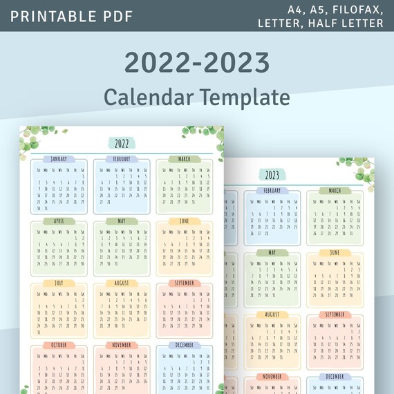 Printable Calendar 2022 2023 Year At A Glance Calendar | Etsy