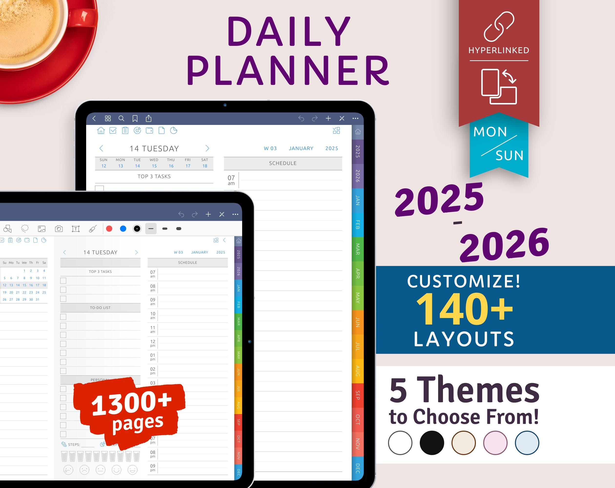 Daily Digital Planner for Goodnotes, Notability, Daily Organizer Template for iPad, Android. Customizable Hyperlinked PDF