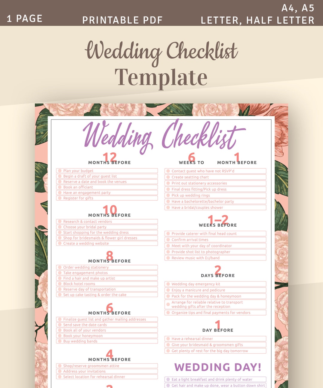 Wedding Checklist, Printable Template, Wedding Planner Insert, A4, A5, Letter, Half Letter ...