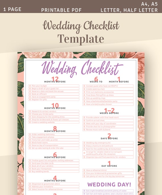 Lista di controllo del matrimonio, modello stampabile, inserto per wedding  planner, A4, A5, lettera, mezza lettera, download istantaneo -  Italia