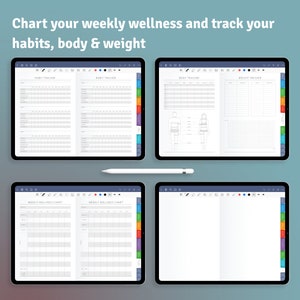May include: Four digital tablet screens showing a weekly wellness planner with sections for habit tracking, body tracking, weight tracking, and a weekly wellness chart. The screens are on a blue background.