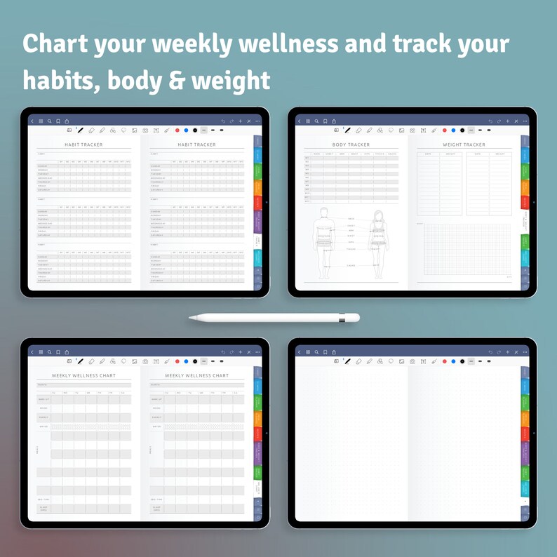 May include: Four digital tablet screens showing a weekly wellness planner with sections for habit tracking, body tracking, weight tracking, and a weekly wellness chart. The screens are on a blue background.
