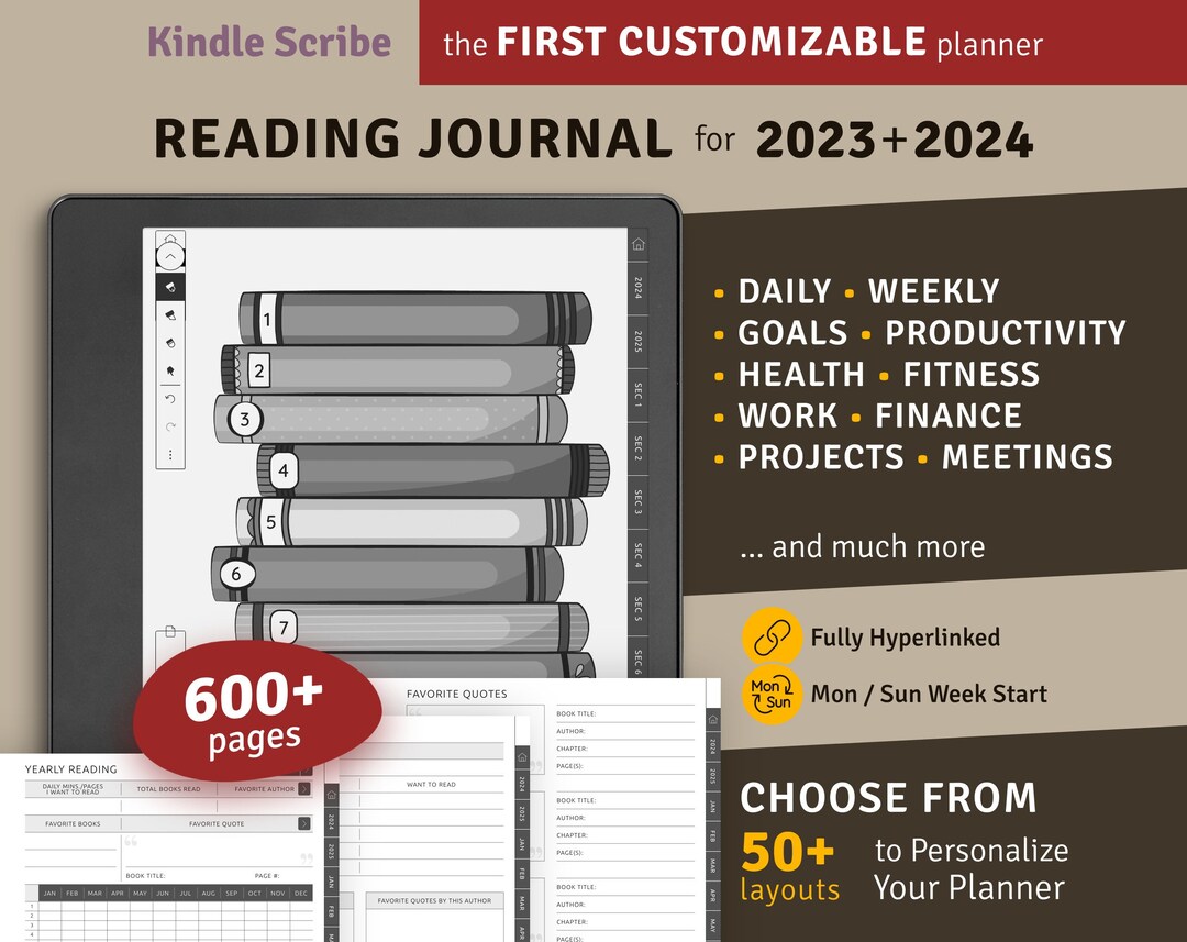 2024 2025 Kindle Scribe Reading Journal, Hyperlinked Digital Planner Bundle, Digital Download