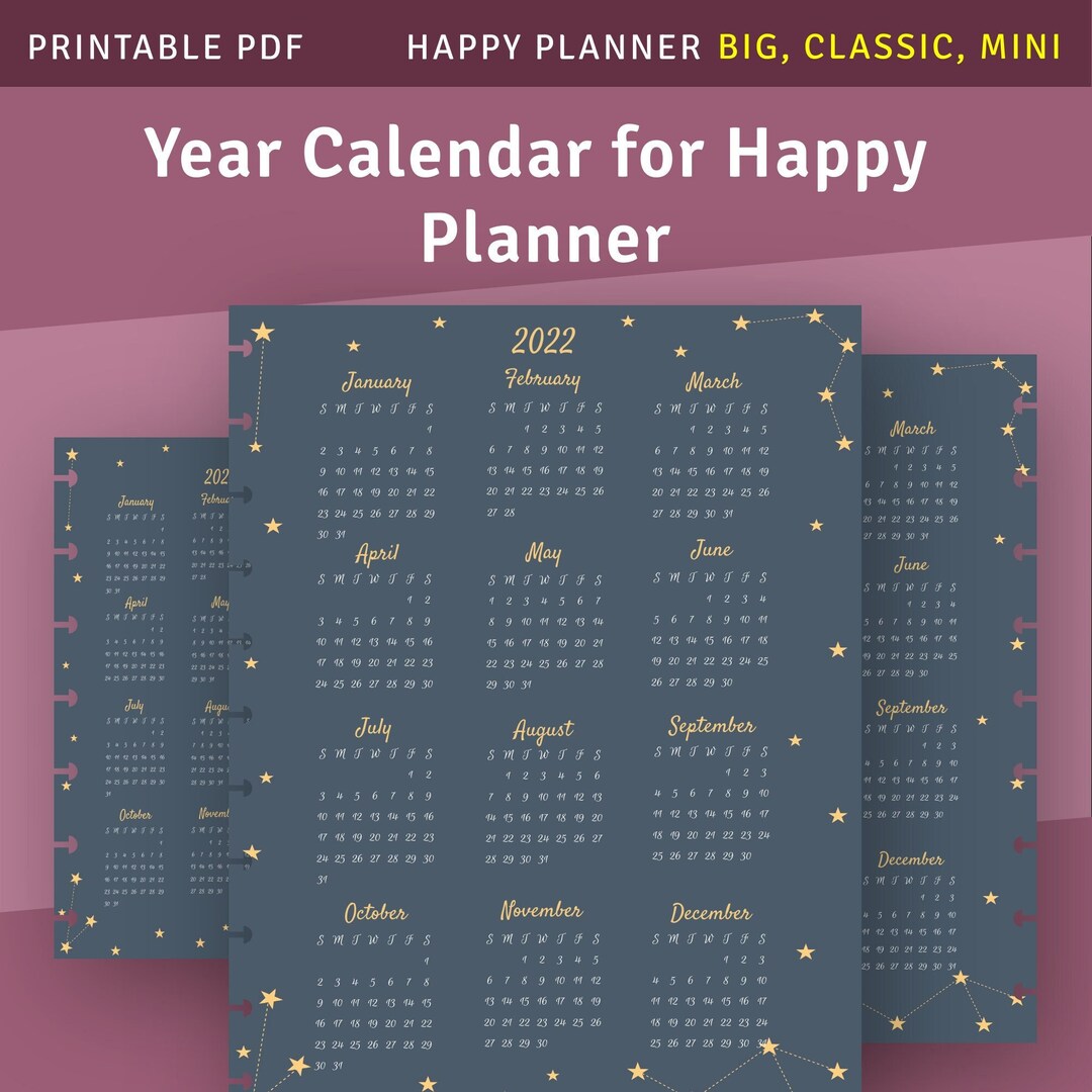Printable Yearly Calendar for Happy Planner Classic / Big / Mini, Year ...