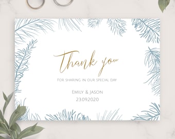 Plantilla de tarjeta de agradecimiento de boda con ramas de abeto (descarga digital)