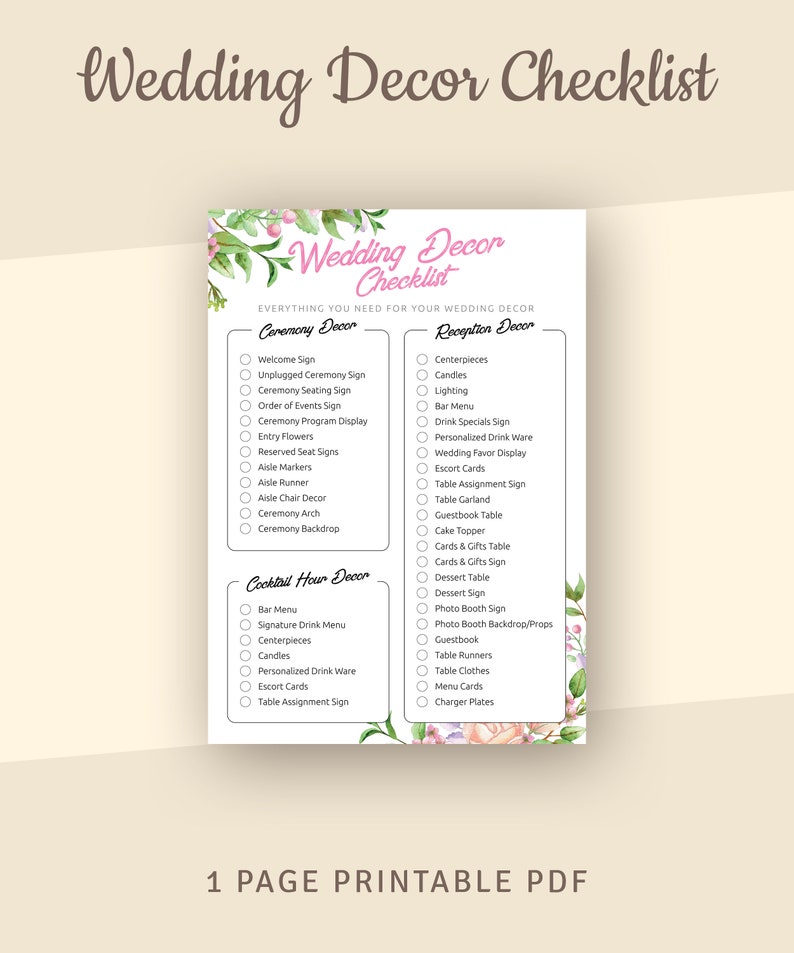 wedding decor checklist printable template a4 a5 letter etsy