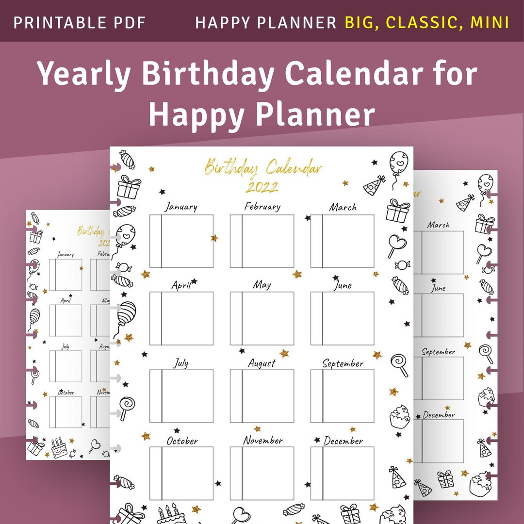 Yearly Birthday Calendar Template for Happy Planner Classic / Big ...