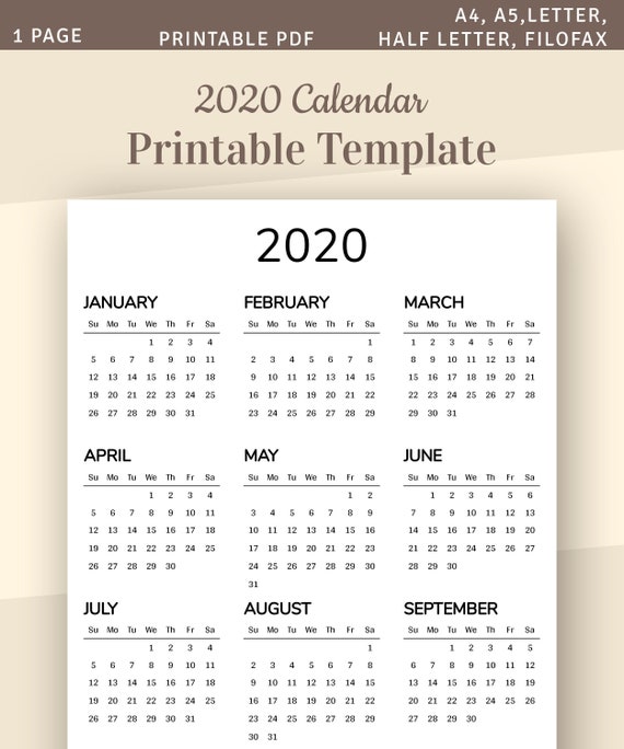 One Year Calendar Template 2020