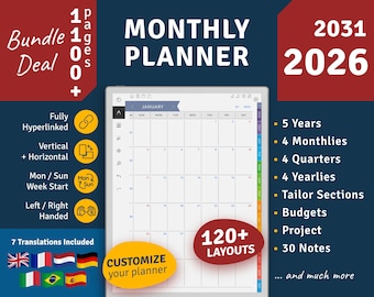 2026 - 2031 Monthly Planner for reMarkable, 5-Year Calendar (PDF Template)