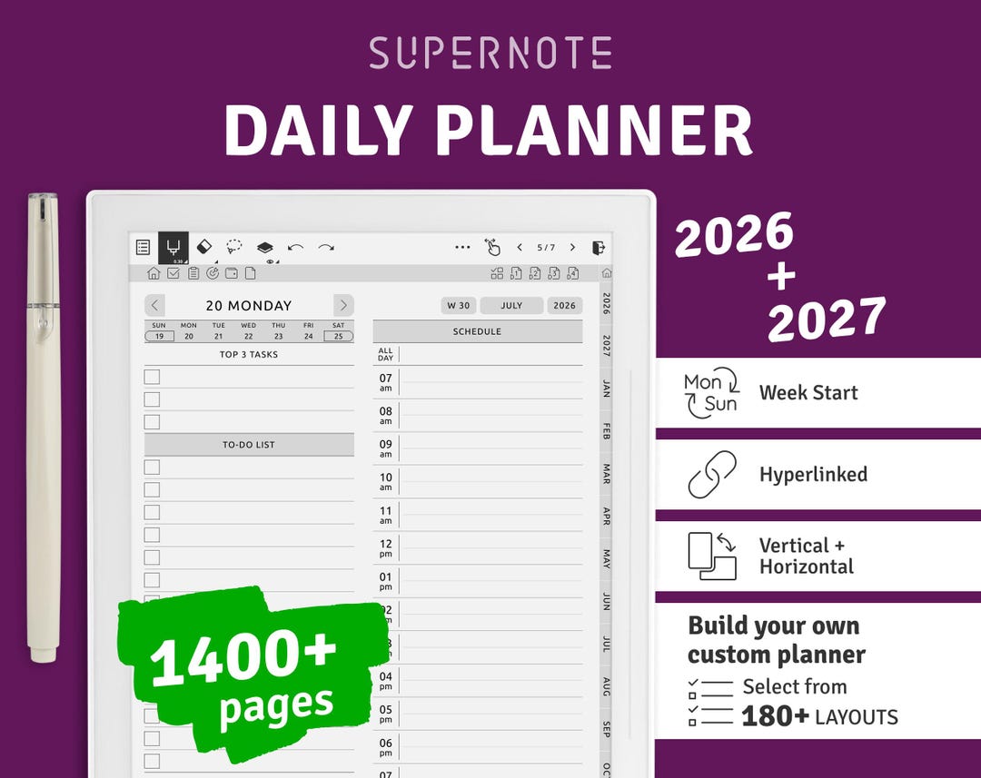 2026 + 2027 Supernote Daily Planner: Hyperlinked PDF Template - Etsy