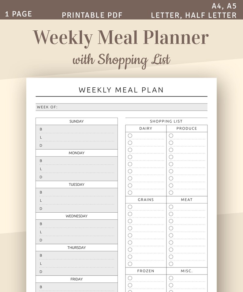 Puede incluir: Un planificador de comidas semanal imprimible con una lista de compras. El planificador incluye una secci&oacute;n para cada d&iacute;a de la semana, con espacio para escribir el desayuno, el almuerzo y la cena. La lista de compras est&aacute; dividida en categor&iacute;as, como l&aacute;cteos, productos, granos, carne, congelados y varios.