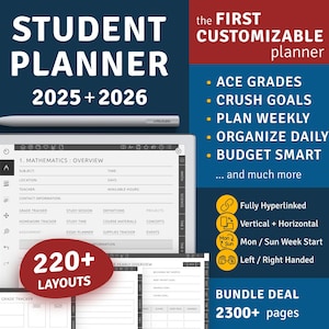2025 + 2026 Student Planner reMarkable 2, Paper Pro tablets, Hyperlinked Digital Planner, Yearly / Quarterly / Monthly Calendars included