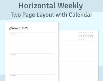 Horizontal Weekly Planner Printable, 2024 - 2025 Diary, Two Pages Layout Weekly Calendar Template, Academic Diary, A5 Planner Insert PDF