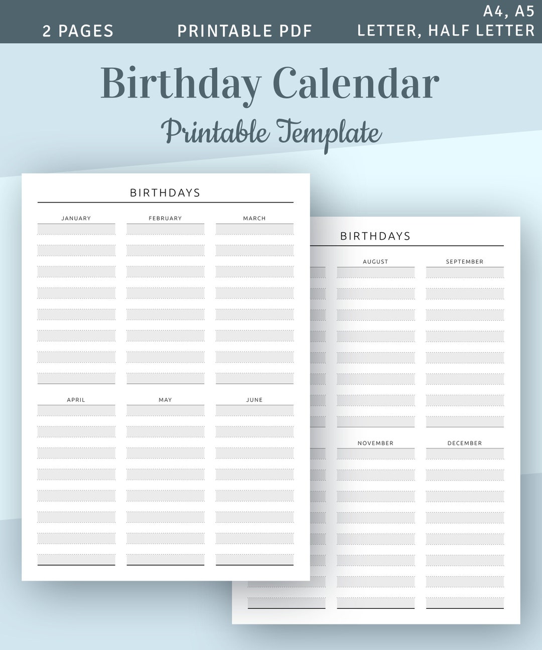Printable Birthday Calendar Template, Birthday List, Perpetual Monthly ...