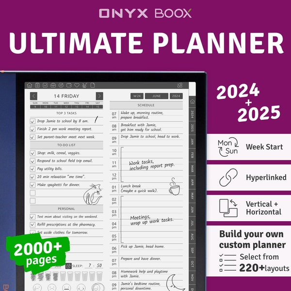 2024 + 2025 Onyx BOOX - Ultimate Planner, Hyperlinked Digital Planner Bundle, Téléchargement numérique PDF Modèle pour Boox Note Air Tablet