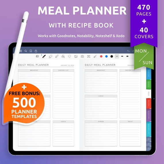 Digital Meal Planner, 40 Custom Covers, iPad Android (PDF)