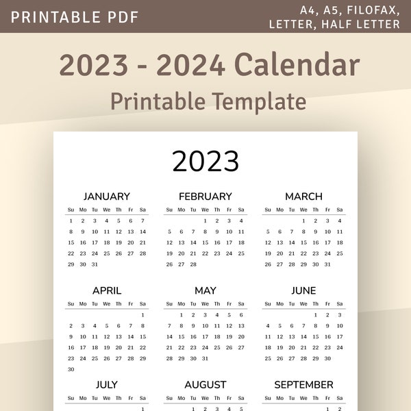 One Page Calendar, 2024 Yearly Calendar Printable Template, Year at a Glance, Sunday Monday Start, Printable PDF, A4, A5, Letter, Half Size