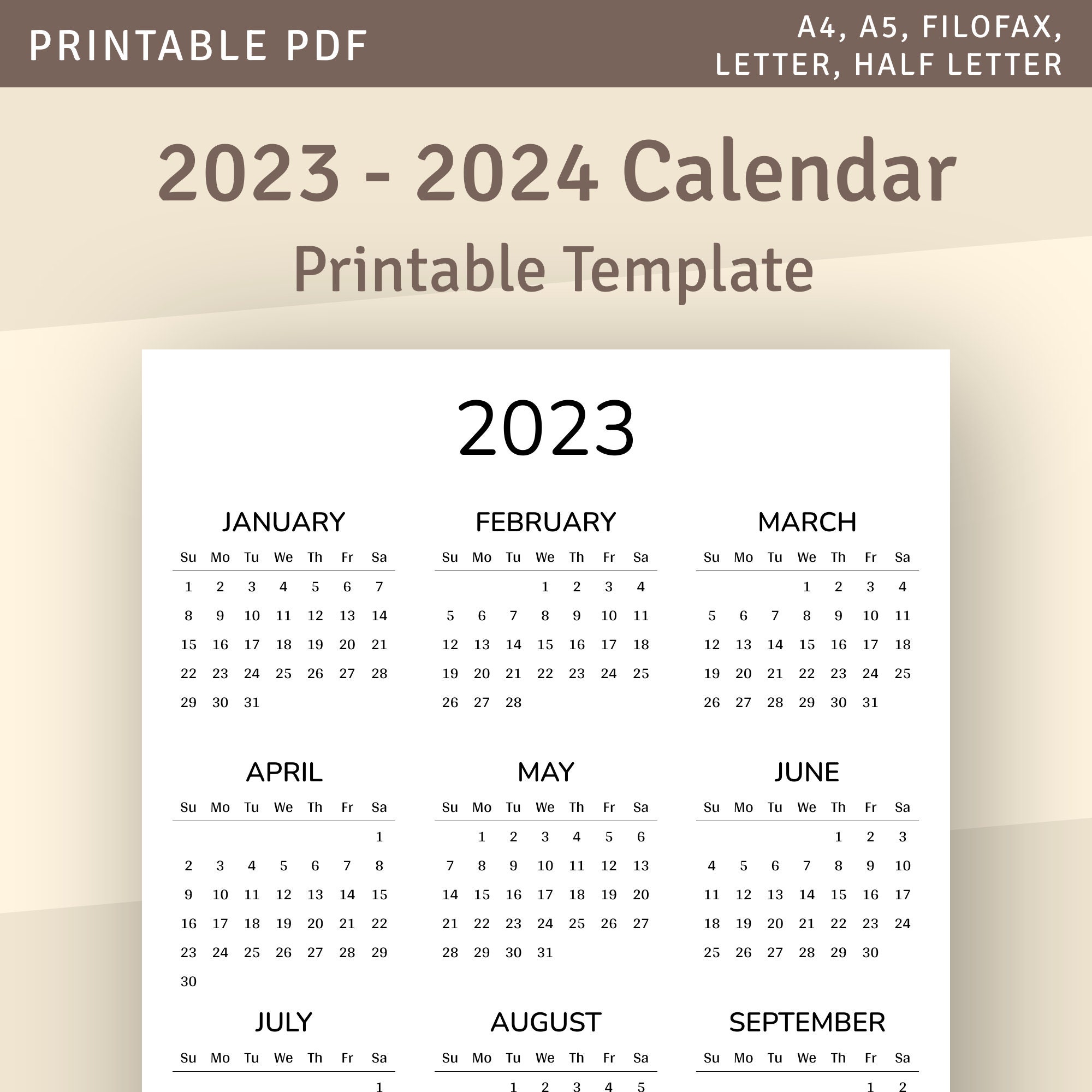One Page Calendar 2023 Yearly Calendar Printable Template - Etsy
