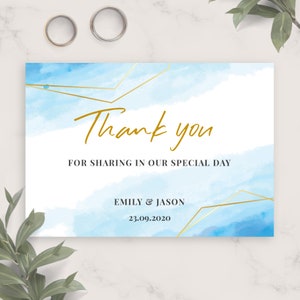 Cartão de agradecimento de casamento de inverno com céu azul, modelo de cartão de agradecimento para impressão, cartão de agradecimento editável personalizado PDF para download, JPG, PNG