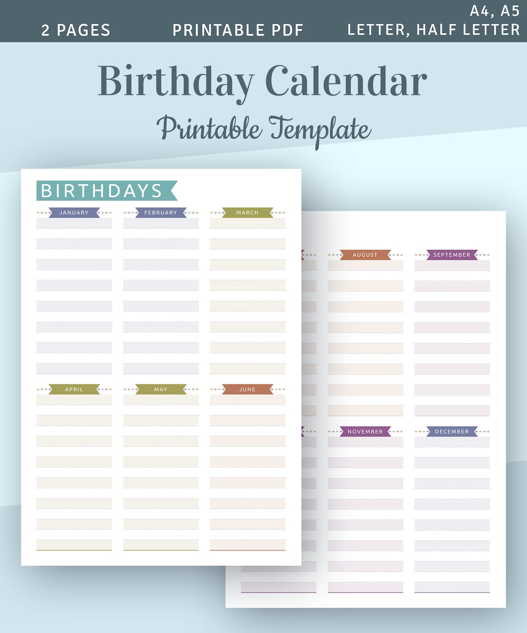 Printable Birthday Calendar Template, Birthday List, Perpetual Monthly