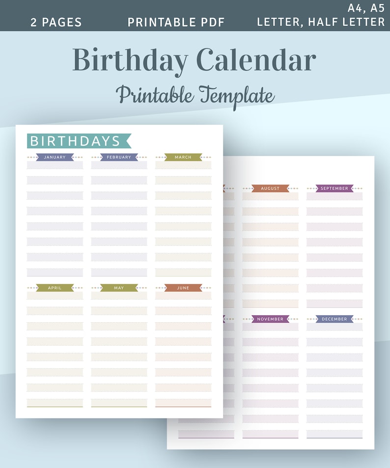 Printable birthday calendar template birthday list perpetual etsy