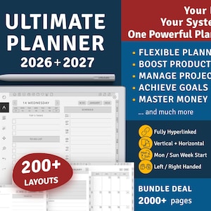 Könnte beinhalten: Ein digitaler Planer mit dem Text "ULTIMATE PLANNER 2026+2027" und einem Stift. Der Planer zeigt einen Wochenplan, eine To-Do-Liste und Kalenderlayouts an. Zusätzlicher Text lautet "Your Life, Your System, One Powerful Planner."