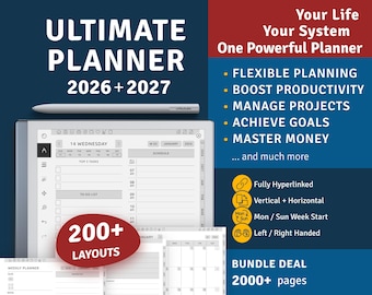 May include: A digital planner with the text "ULTIMATE PLANNER 2026+2027" and a stylus. The planner displays a weekly schedule, to-do list, and calendar layouts. Additional text includes "Your Life, Your System, One Powerful Planner."