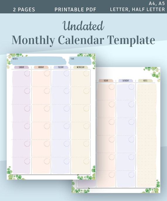 Undated Monthly Calendar Printable Template, Monthly Planner, Month on 2  Pages, Two Page Planner Insert PDF A4 A5 Letter Size Filofax - Etsy