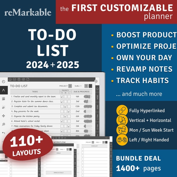 Opmerkelijke takenlijstsjabloon, digitale planner met hyperlinks, jaar-/kwartaal-/maandkalenders inbegrepen, portret-/landschapsmodi
