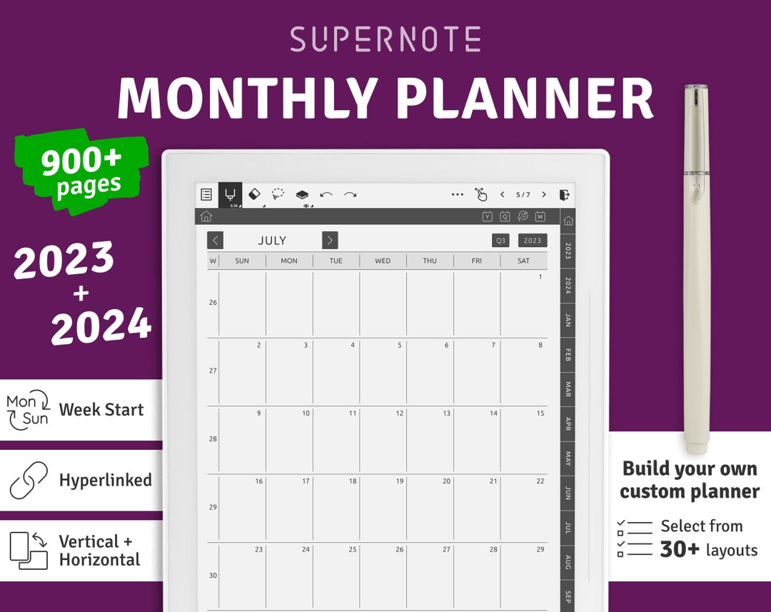 2023 2024 Supernote A5X A6X Monthly Planner, Hyperlinked Digital
