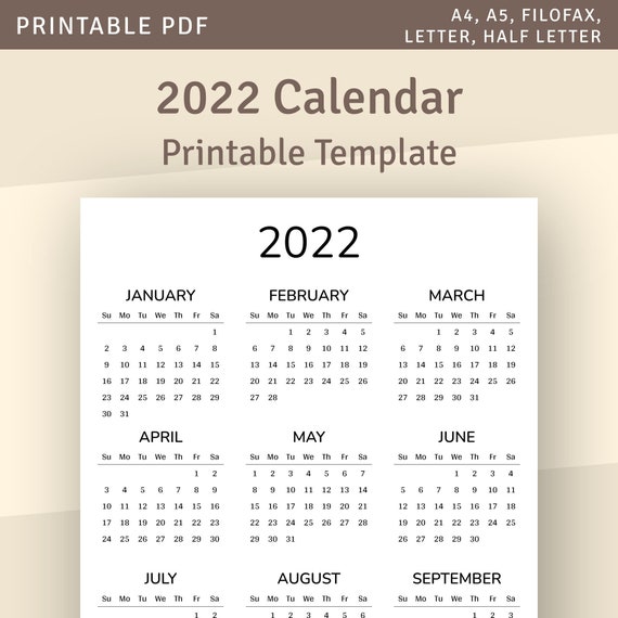 One Page Calendar 2022 Yearly Calendar Printable Template | Etsy