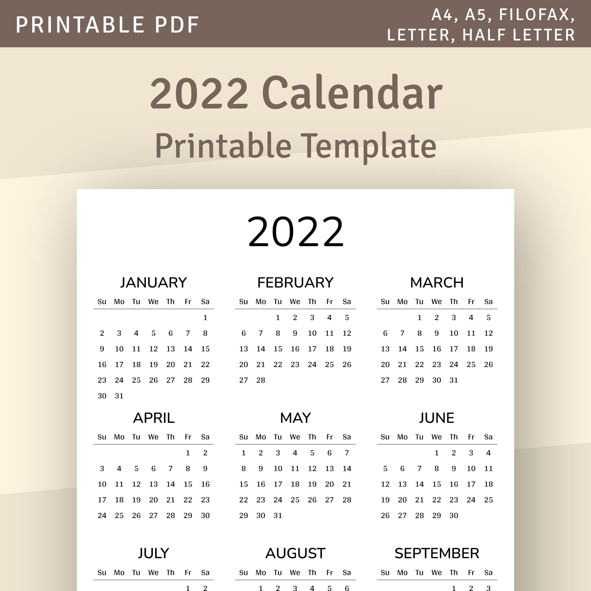 one page calendar 2022 yearly calendar printable template etsy