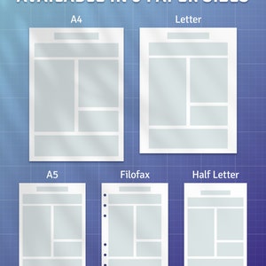 May include: Five different sizes of blank paper templates for planners, journals, or notebooks. The sizes are A4, Letter, A5, Filofax, and Half Letter.