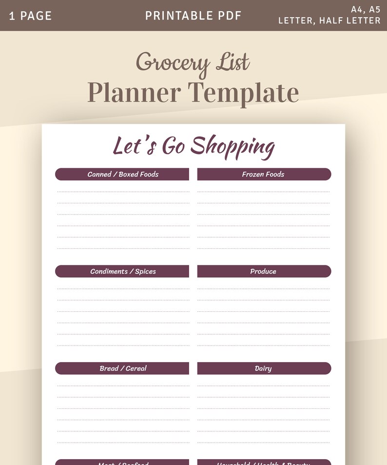 May include: A printable grocery list planner template with the title "Let's Go Shopping". The template is divided into sections for canned/boxed foods, frozen foods, condiments/spices, produce, bread/cereal, and dairy.