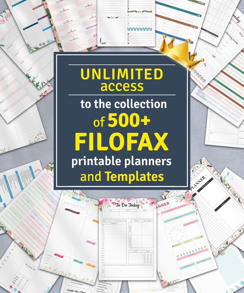 以下が含まれることがあります： Filofaxで使用できる、印刷可能なプランナーとテンプレートのコラージュ。画像には、花柄、ToDoリスト、週間カレンダーなど、さまざまなデザインが掲載されています。画像の中央には、「UNLIMITED access to the collection of 500+ FILOFAX printable planners and Templates」というテキストが表示されています。