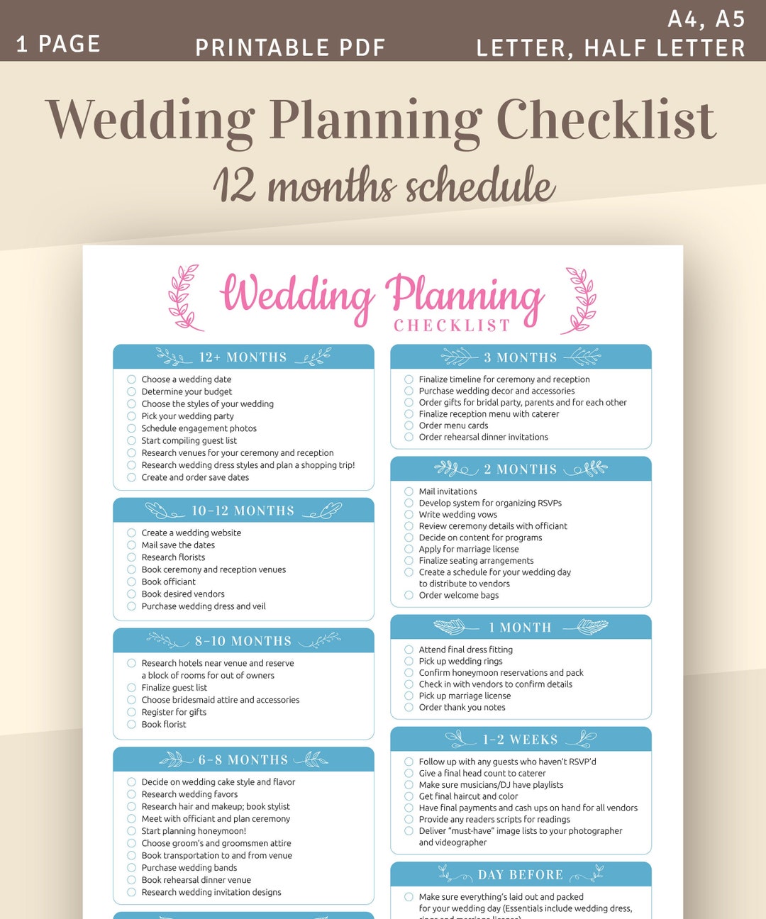 Wedding Planning Checklist Printable Wedding Template A4 - Etsy