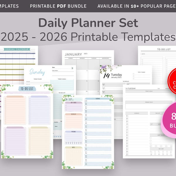 2025-2026 Daily Planner Templates, 80-in-1 Printable PDF Bundle