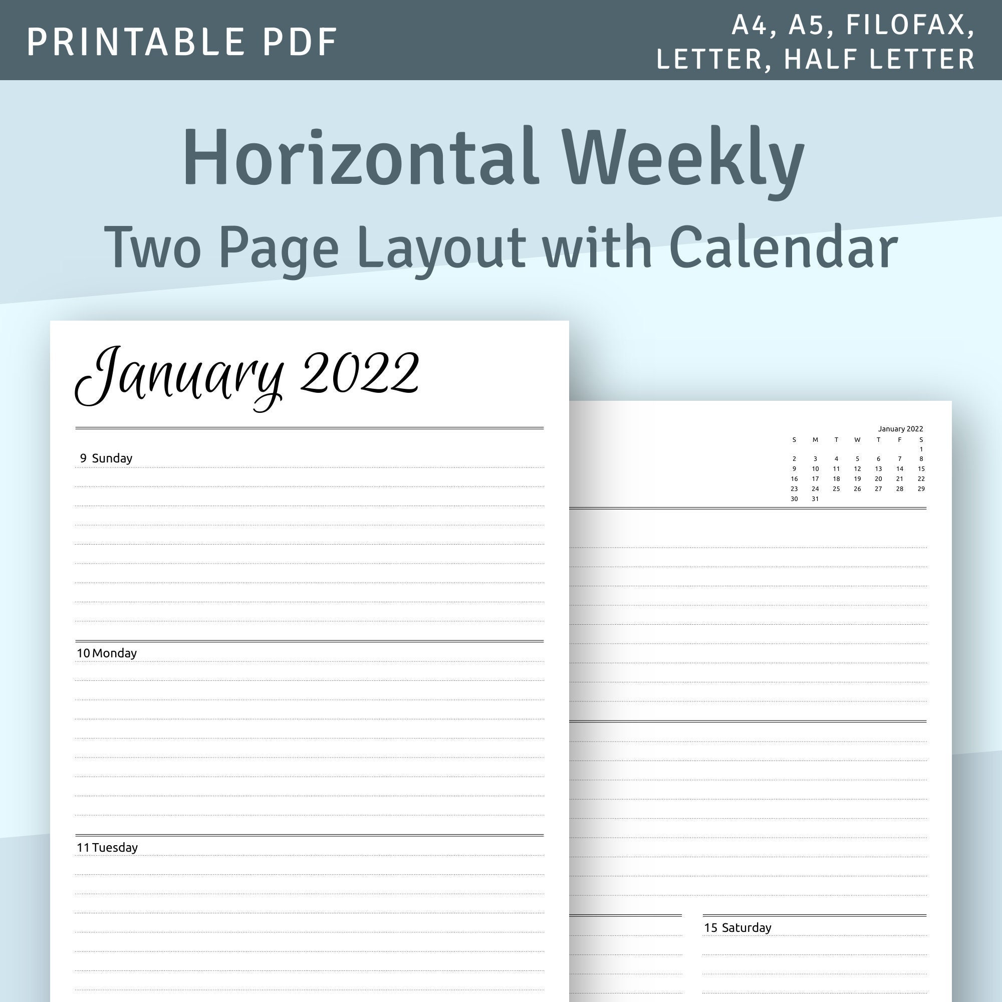 horizontal weekly planner printable 2022 diary two pages etsy singapore