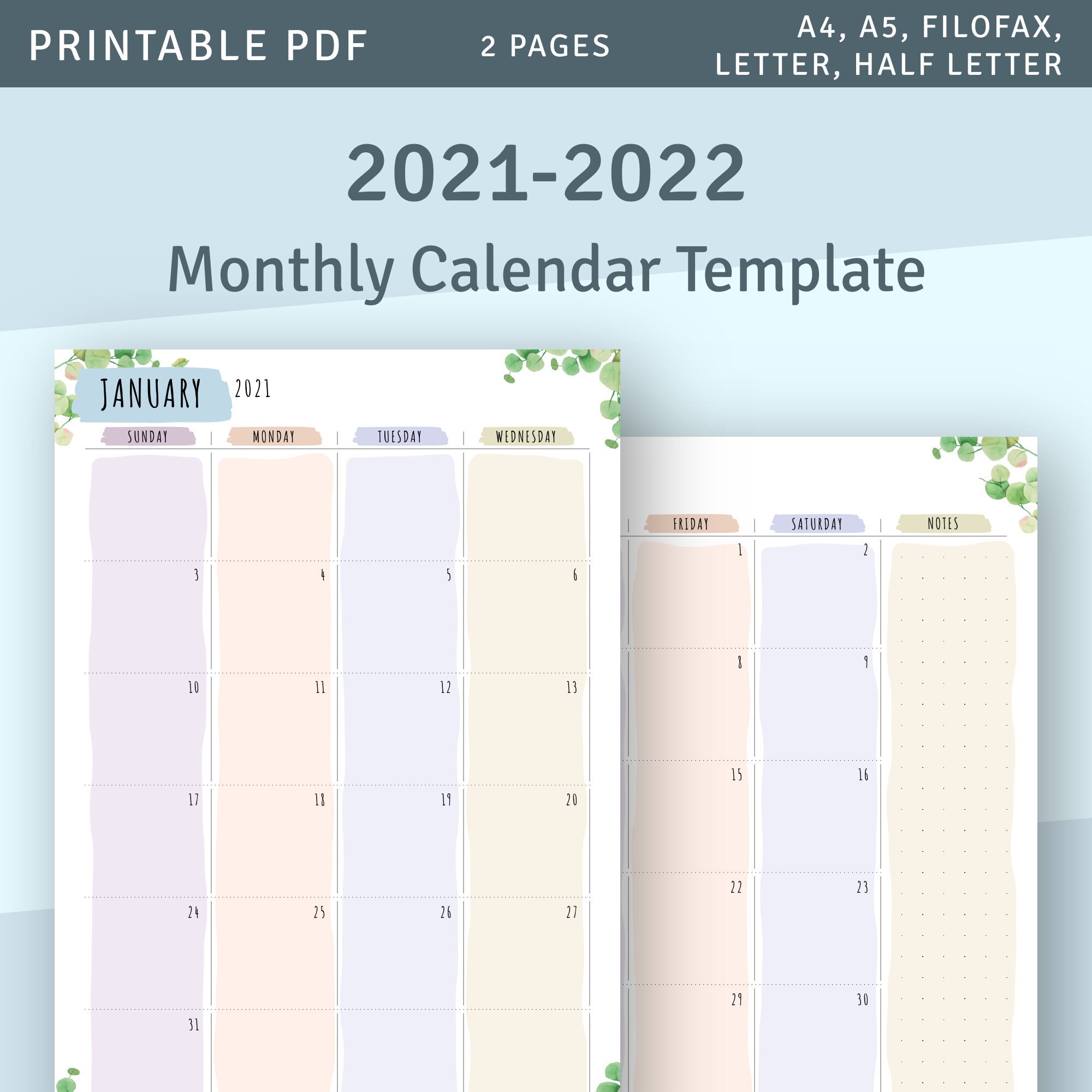 2021 2022 Monthly Calendar Printable Template Download 2021 Etsy