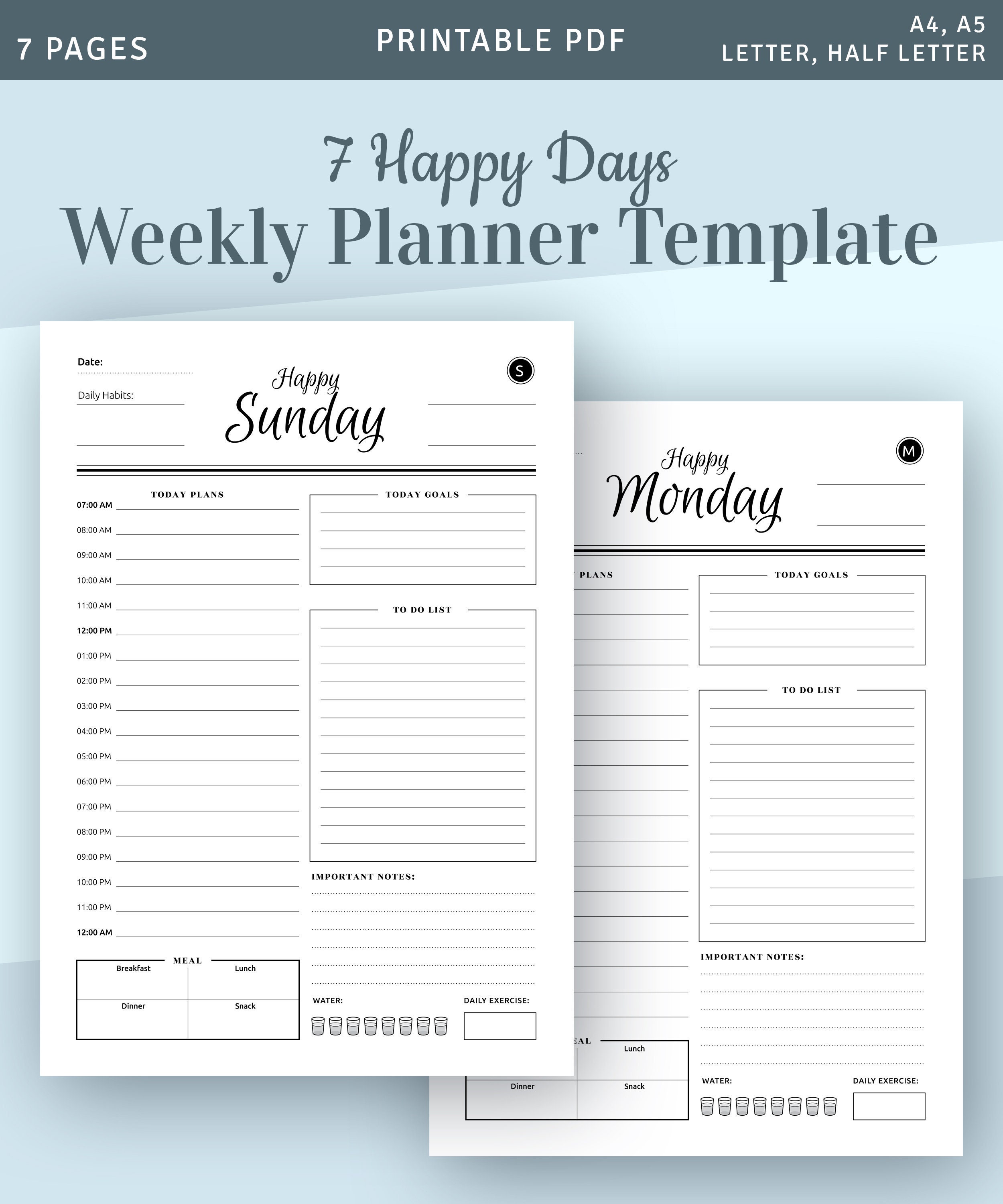 weekly planner template 7 happy days daily planner printable etsy canada