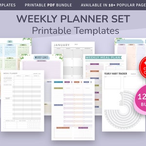 2024 + 2025 Weekly Hourly Planner Kit, Printable Week Plan Templates 120+ in 1 Bundle, Weekly Schedule, Goals & To Do List, Habit Tracker