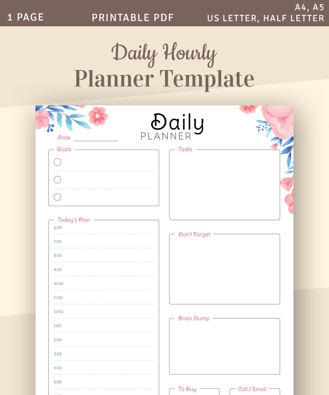 Floral Daily Hourly Planner Template, Undated Planner, Agenda Template ...