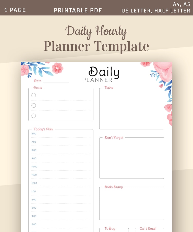 Floral Daily Hourly Planner Template Undated Planner Agenda Etsy